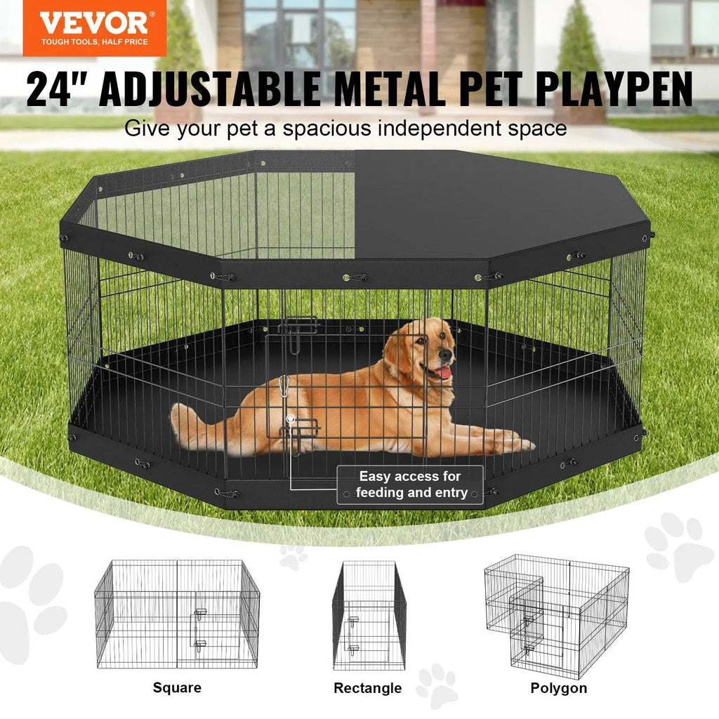 【Fathersdaygift】Vevor Dog Playpen, 8 Panels Foldable Metal Dog Exercise Pen with Top Cover and Bottom Pad, 24" H Pet Fence Puppy Crate Kennel, Indoor Outdoor Dog Pen for Small Medium Pets, for Camping, Yard