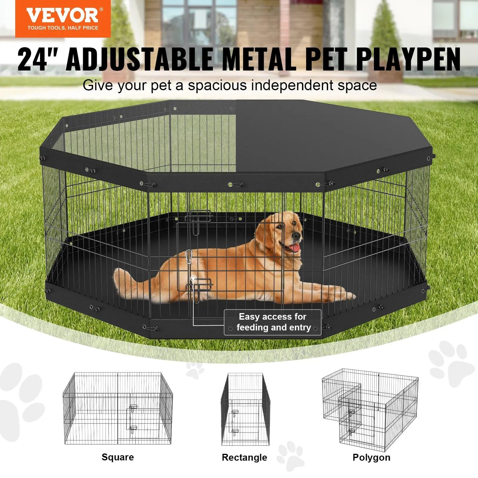 【Fathersdaygift】Vevor Dog Playpen, 8 Panels Foldable Metal Dog Exercise Pen with Top Cover and Bottom Pad, 24" H Pet Fence Puppy Crate Kennel, Indoor Outdoor Dog Pen for Small Medium Pets, for Camping, Yard