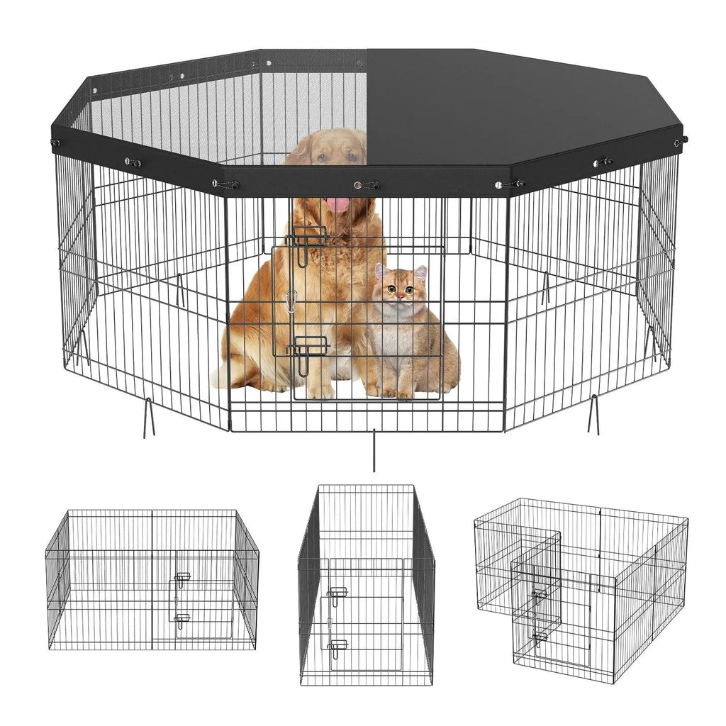 【Fathersdaygift】Vevor Dog Playpen, 8 Panels Foldable Metal Dog Exercise Pen with Top Cover and Bottom Pad, 24" H Pet Fence Puppy Crate Kennel, Indoor Outdoor Dog Pen for Small Medium Pets, for Camping, Yard