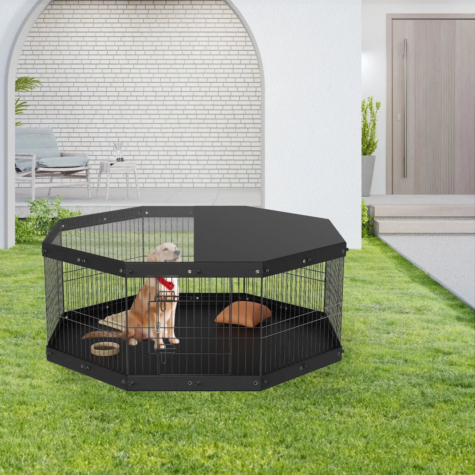 【Fathersdaygift】Vevor Dog Playpen, 8 Panels Foldable Metal Dog Exercise Pen with Top Cover and Bottom Pad, 24" H Pet Fence Puppy Crate Kennel, Indoor Outdoor Dog Pen for Small Medium Pets, for Camping, Yard
