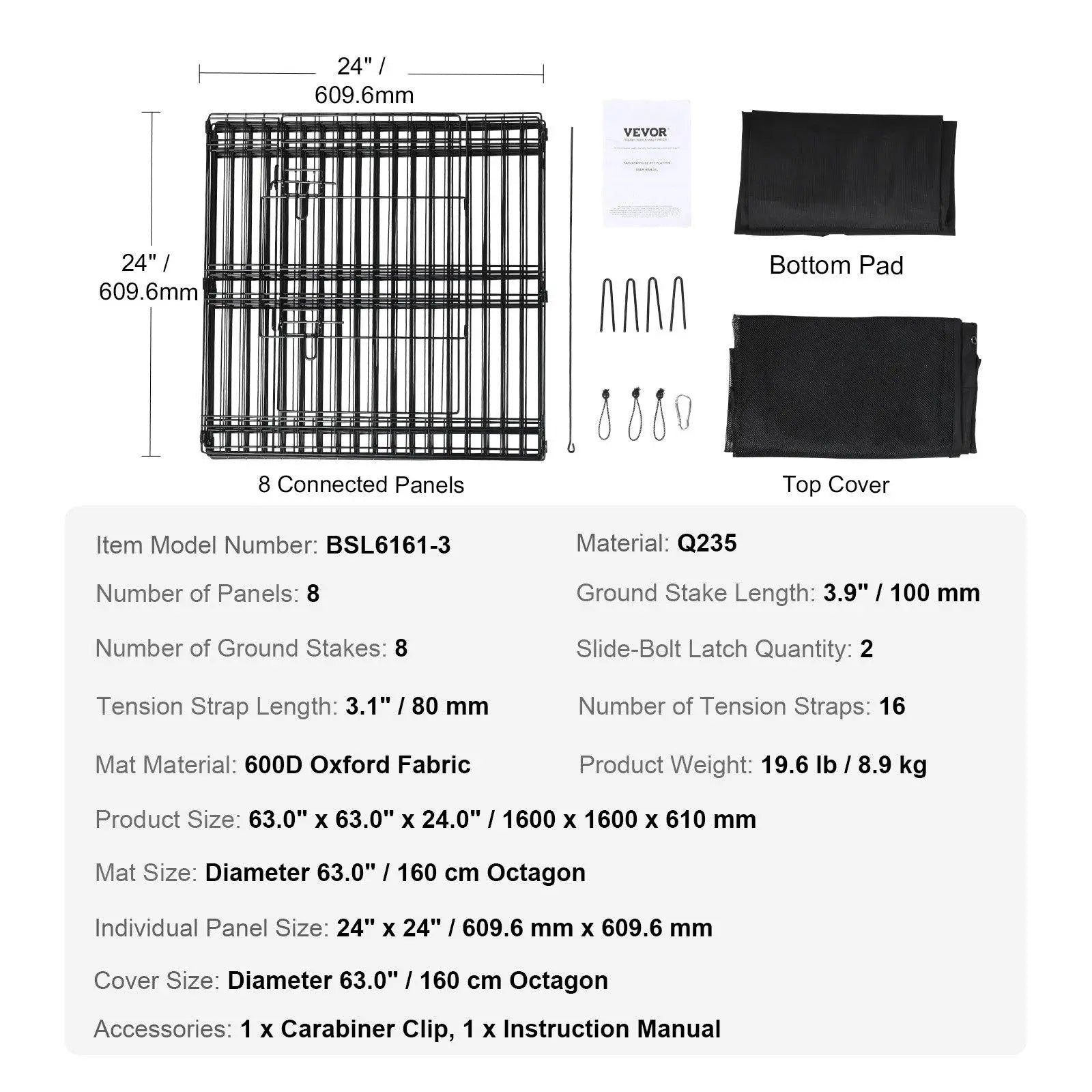 【Fathersdaygift】Vevor Dog Playpen, 8 Panels Foldable Metal Dog Exercise Pen with Top Cover and Bottom Pad, 24" H Pet Fence Puppy Crate Kennel, Indoor Outdoor Dog Pen for Small Medium Pets, for Camping, Yard