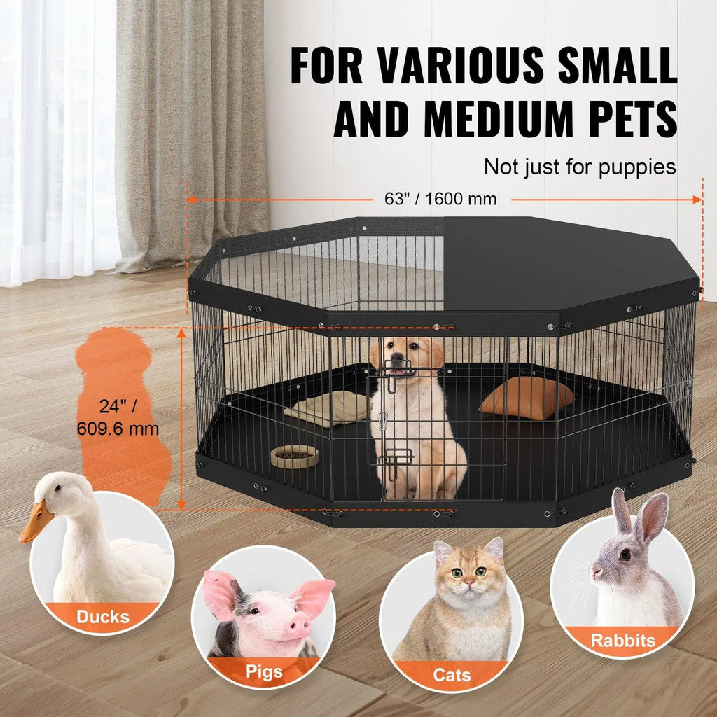 【Fathersdaygift】Vevor Dog Playpen, 8 Panels Foldable Metal Dog Exercise Pen with Top Cover and Bottom Pad, 24" H Pet Fence Puppy Crate Kennel, Indoor Outdoor Dog Pen for Small Medium Pets, for Camping, Yard